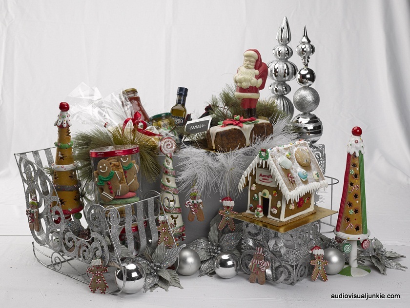 Stylish Christmas baskets feature chocolate Santa and gingerbread jeepneys